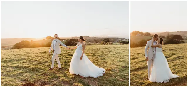 Marty & Nicola at Byron View Farm: Two photographs of the couple together in the paddock at sunset.